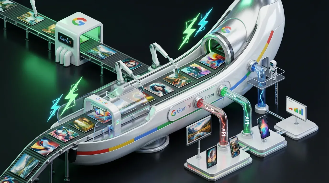 Futuristic banana-shaped Google factory producing fast, consistent AI images for teams, apps and automation