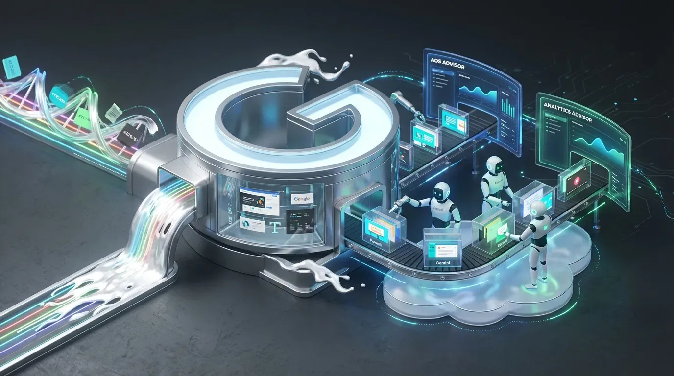 A dynamic Google-shaped factory transforms a website into animated marketing assets, powered by Pomelli and AI robots