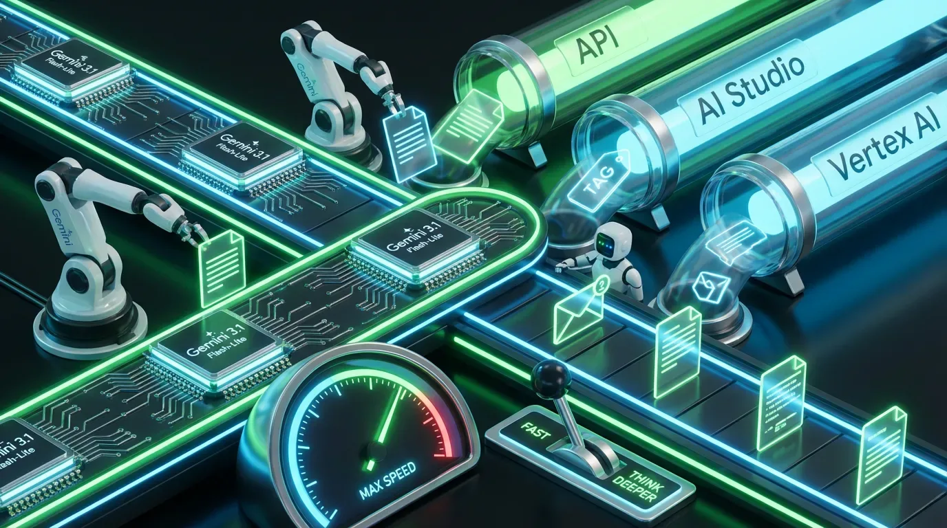 Neon assembly line of Gemini 3.1 Flash-Lite microchips automating documents with speed gauge and control lever