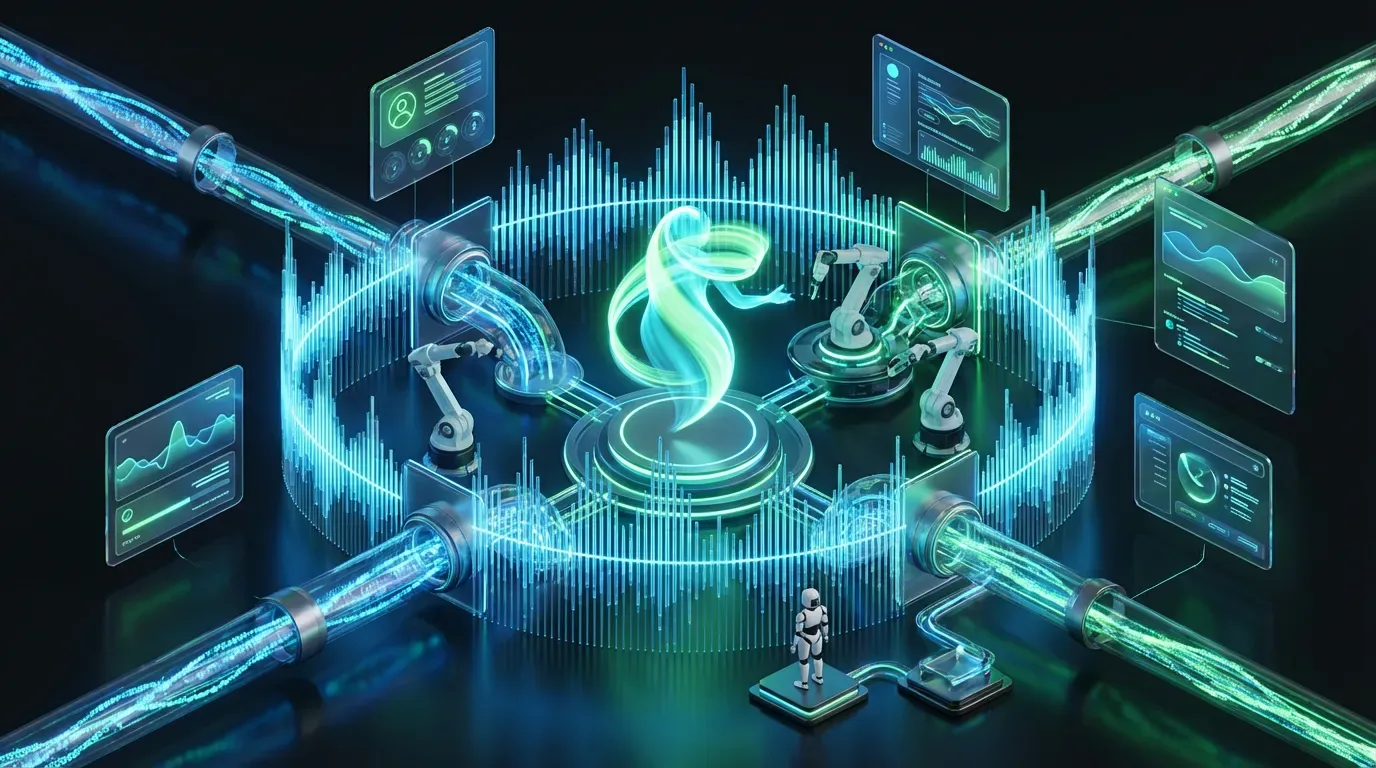 Futuristic Gemini voice city with glowing data streams automating support onboarding creator workflows and real-time API actions