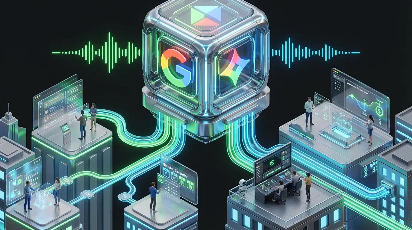 Futuristic Gemini Live engine sends voice data into support sales booking and creator systems across cityscape