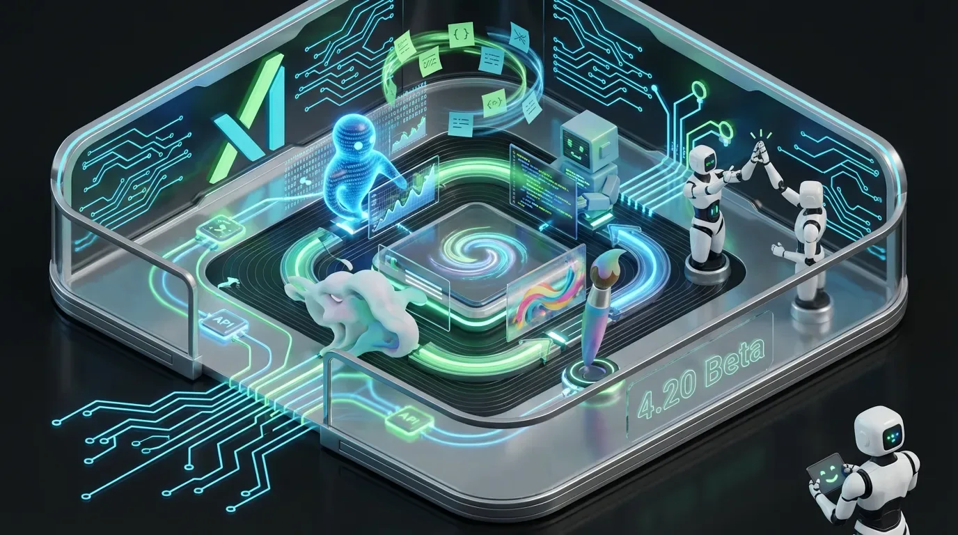 Four AI avatars collaborate in a luminous Grok control room, blending creativity, code, synthesis and research