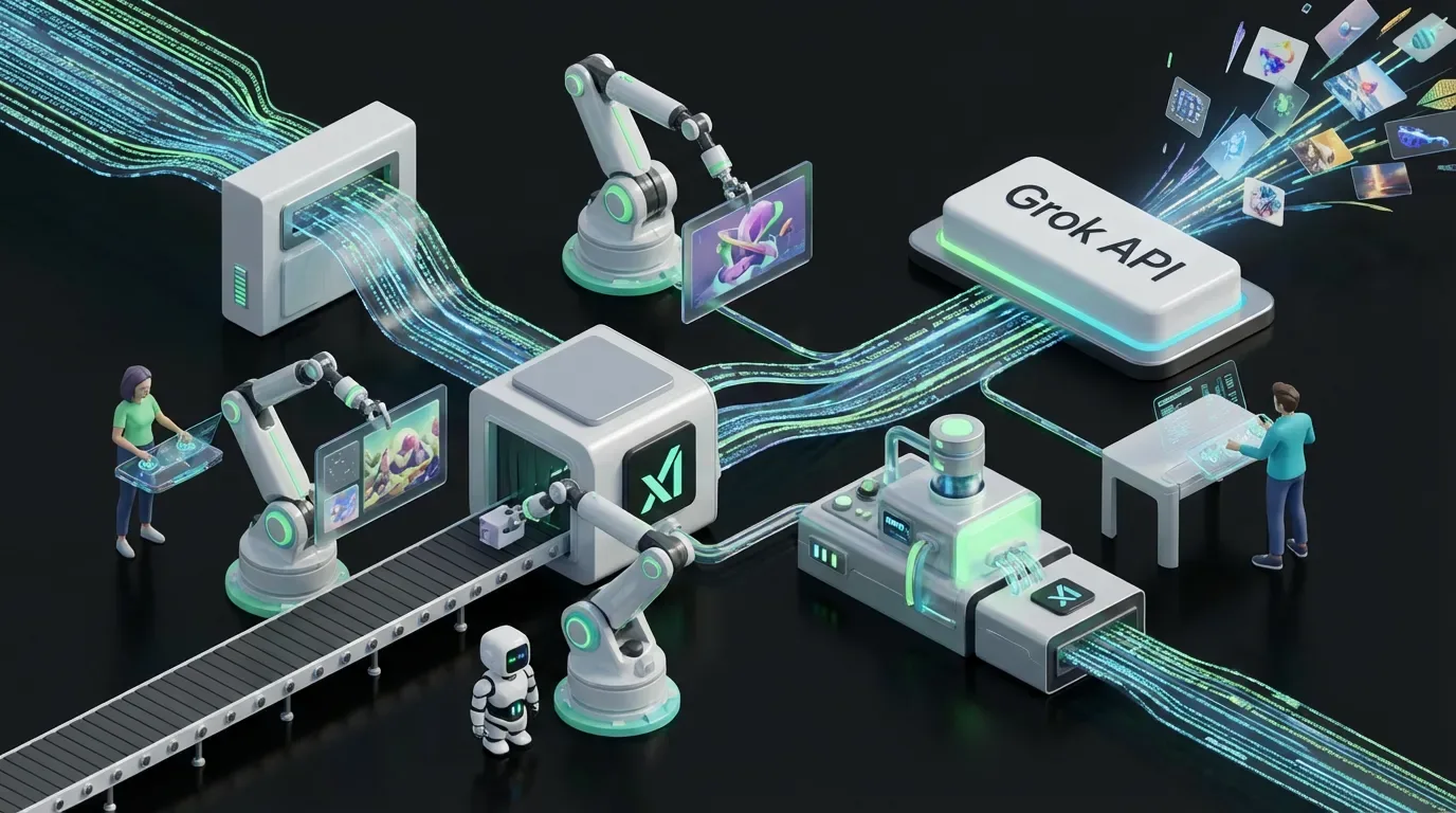 Whimsical digital assembly line with avatars, robots, and xAI Grok API launching creative image bursts