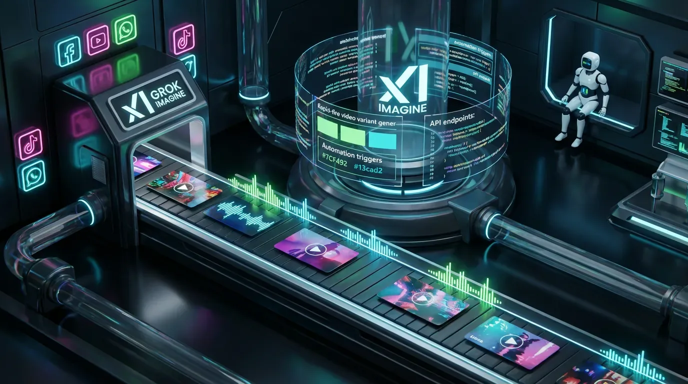 Futuristic media factory with xAI and Grok Imagine logos, robots and humans making short AI videos