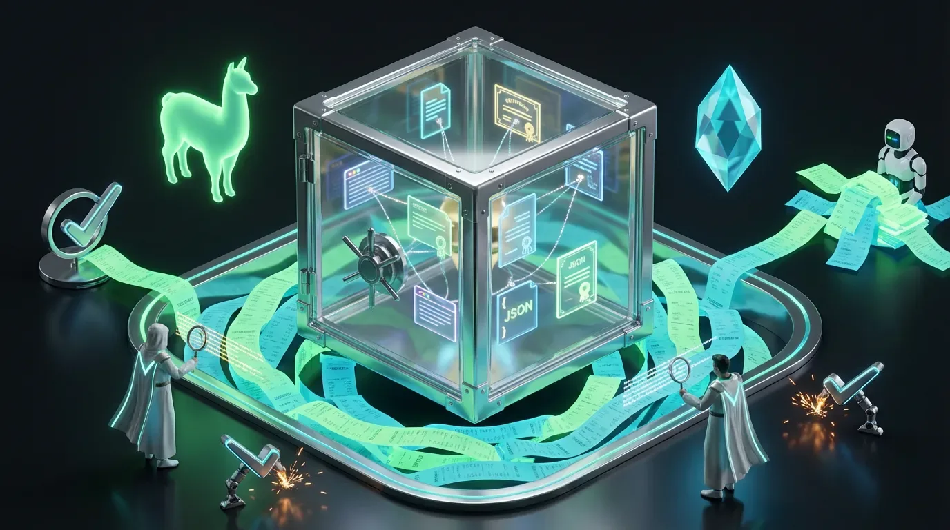 Vault of glowing claim cards above receipt moat, llama silhouette gem AI hovering, guardians inspecting
