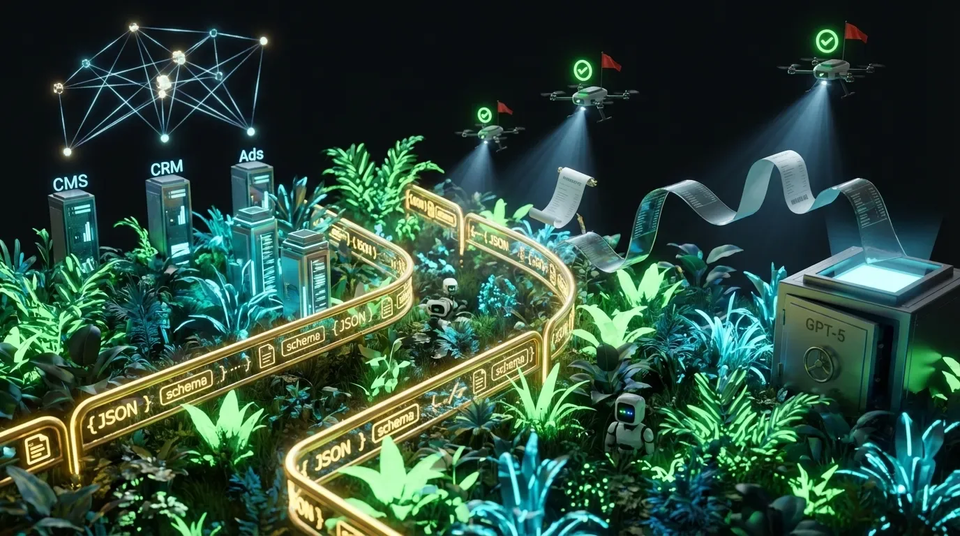 Surreal garden of agent-robots contained by glowing guardrails with auditors, glass ledgers, and controllers overhead