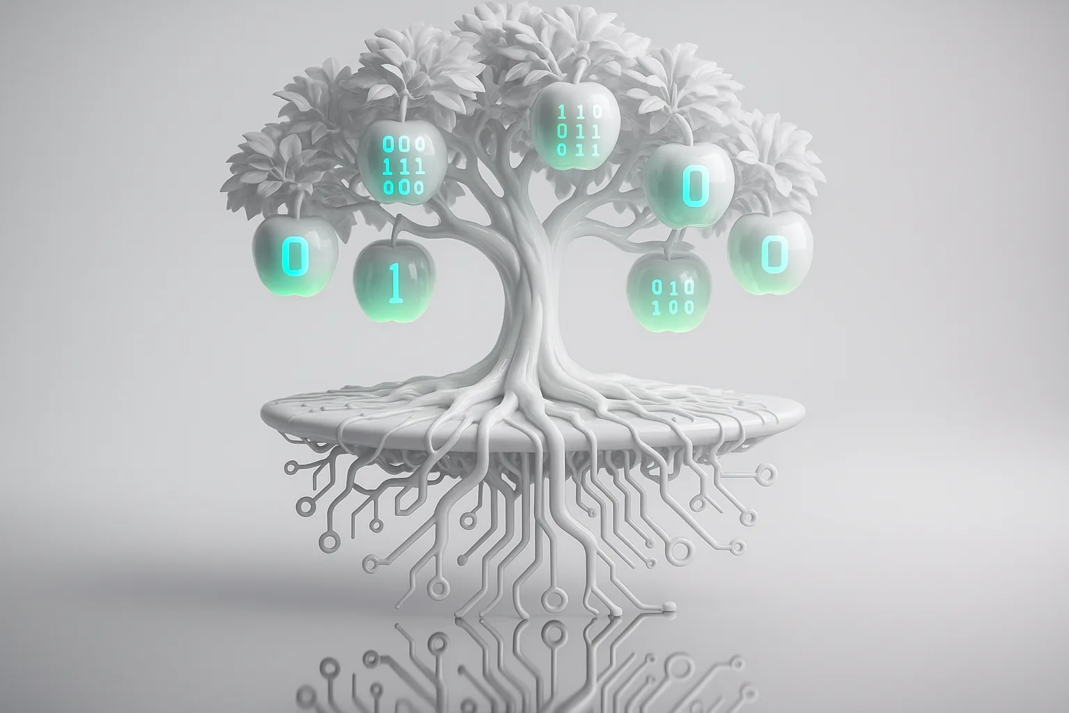 A surreal apple tree with glowing, data-shaped fruits, roots intertwining into circuit patterns, all floating above a reflective chrome surface.
