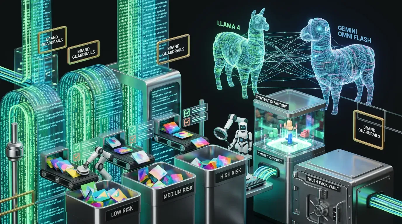 Surreal data factory producing ad variants inspected by robotic critics with holographic Llama 4 presence