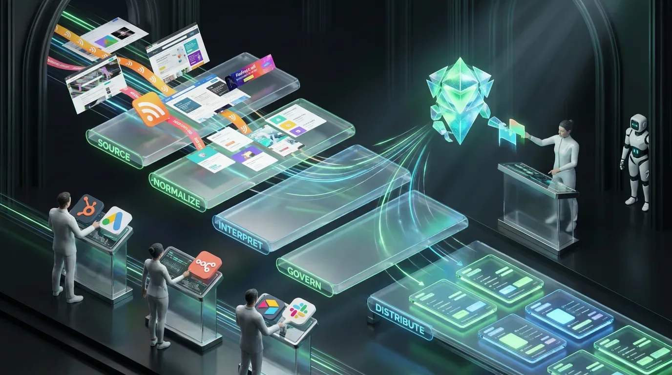 Futuristic control room with layered AI conveyor turning competitor signals into structured briefing cards actionable