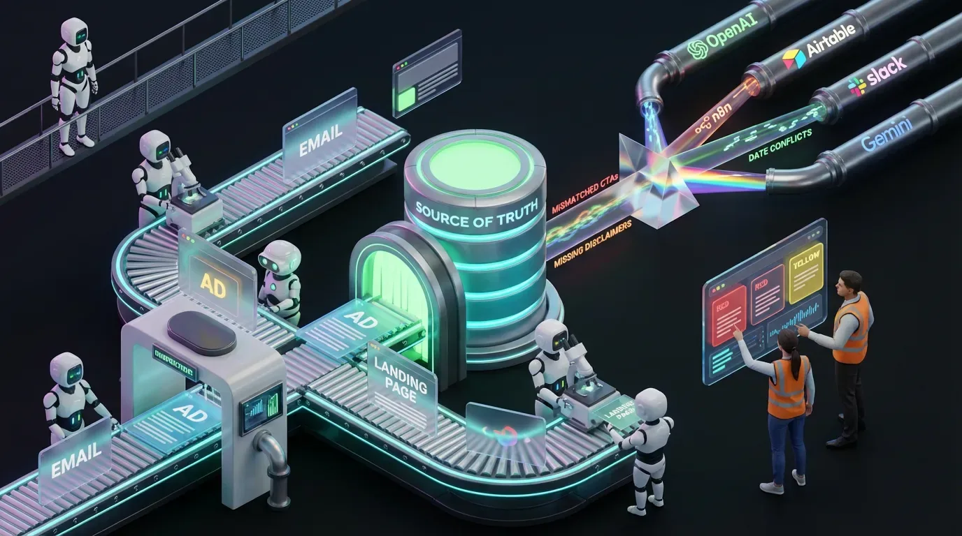 Isometric QA factory with robots checking campaign assets against a glowing source of truth vault
