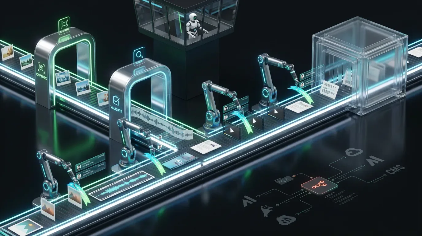 Futuristic assembly line of digital assets with holographic audit trails and orchestration node map icons