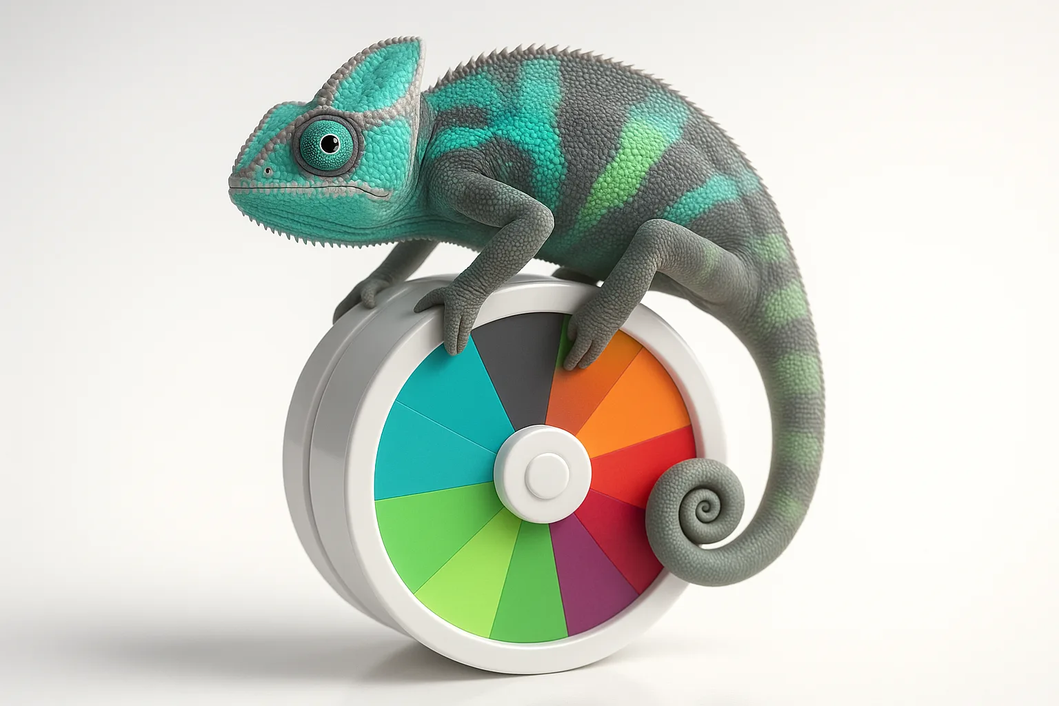 A chameleon perched on a giant spinning color wheel, rapidly changing its skin to match vibrant palettes.
