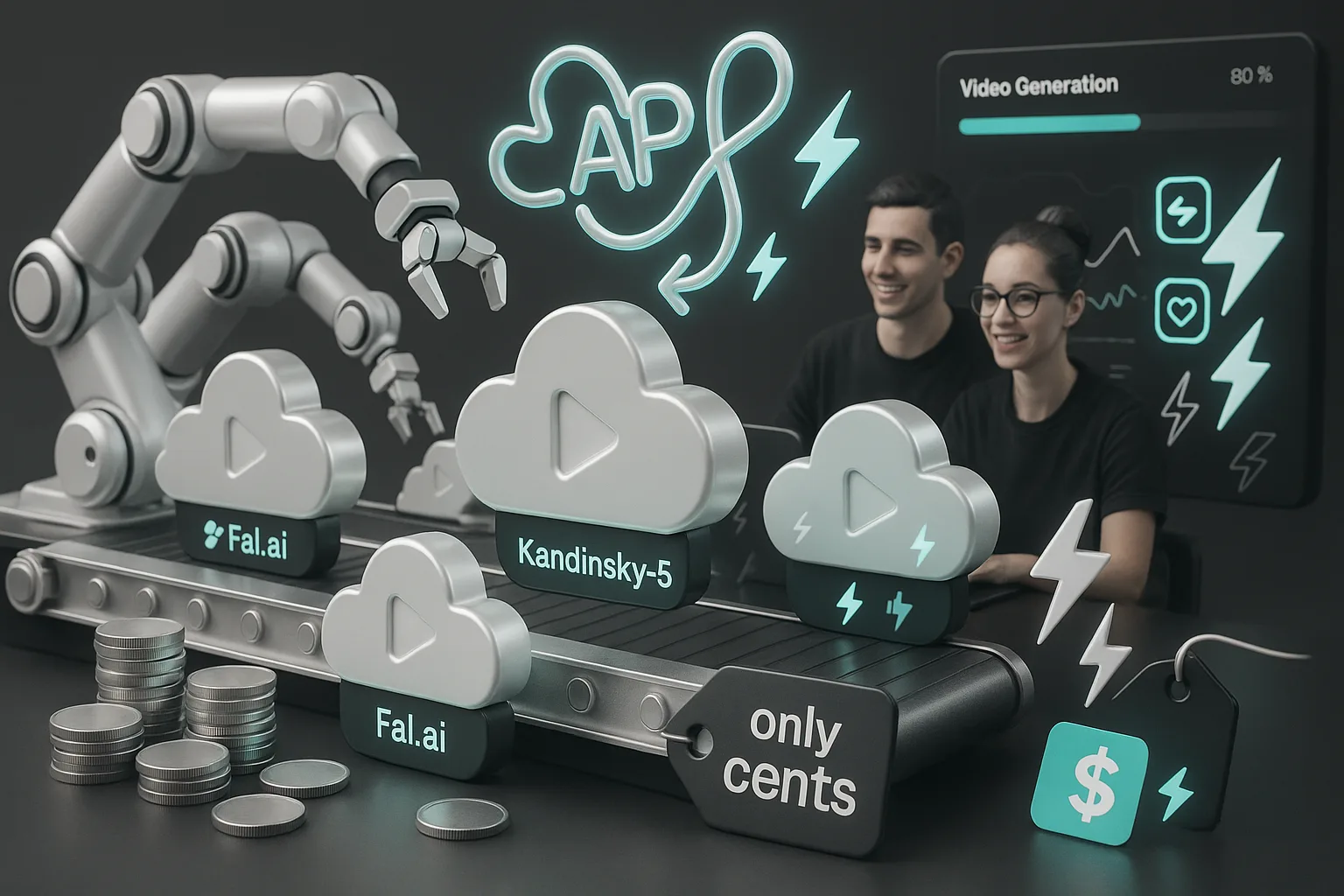 Futuristic factory creates colorful video clips with Fal.ai and Kandinsky-5 logos and coins