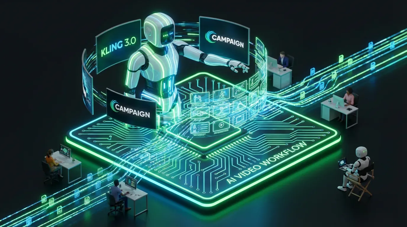 Giant robot director creates seamless AI video sequences with Kling 3.0 as humans guide workflow
