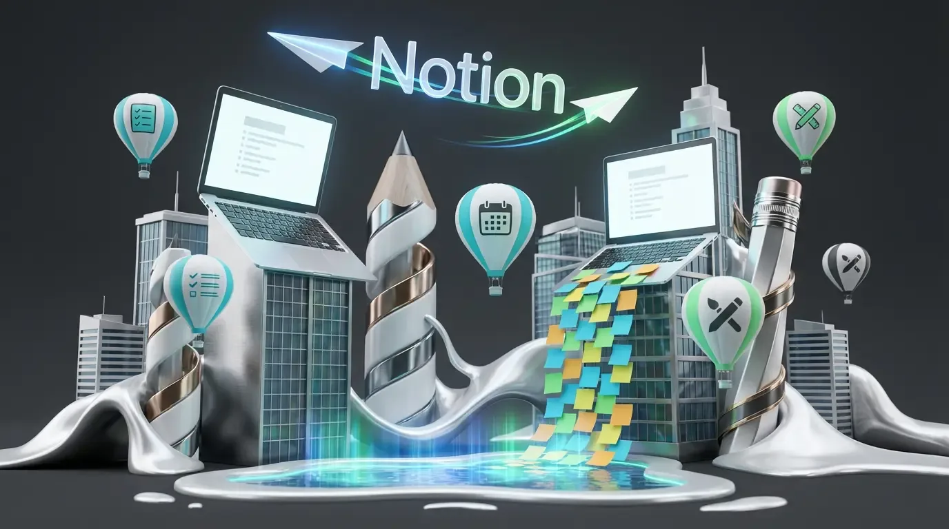Surreal city of laptop buildings, flying Notion paper planes, floating productivity icons, and colorful sticky notes