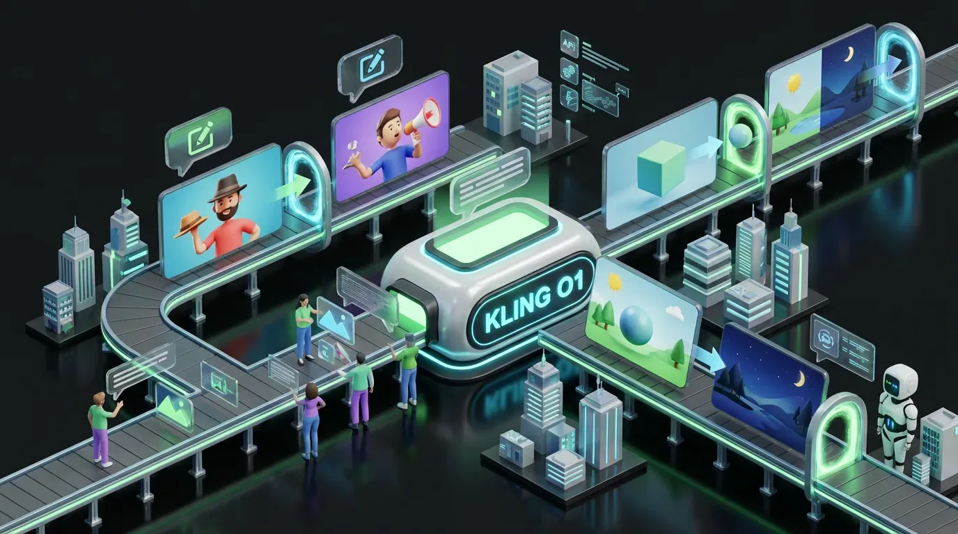 Futuristic Kling O1 assembly line creating and editing vibrant videos with humans, robots, and seamless automation