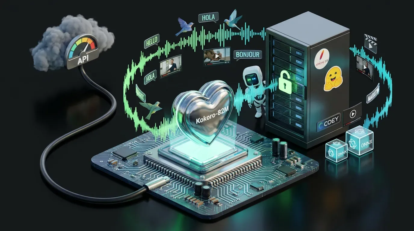 Kokoro-82M heart engine broadcasts multilingual soundwaves around local servers, COEY badge, and Hugging Face icon