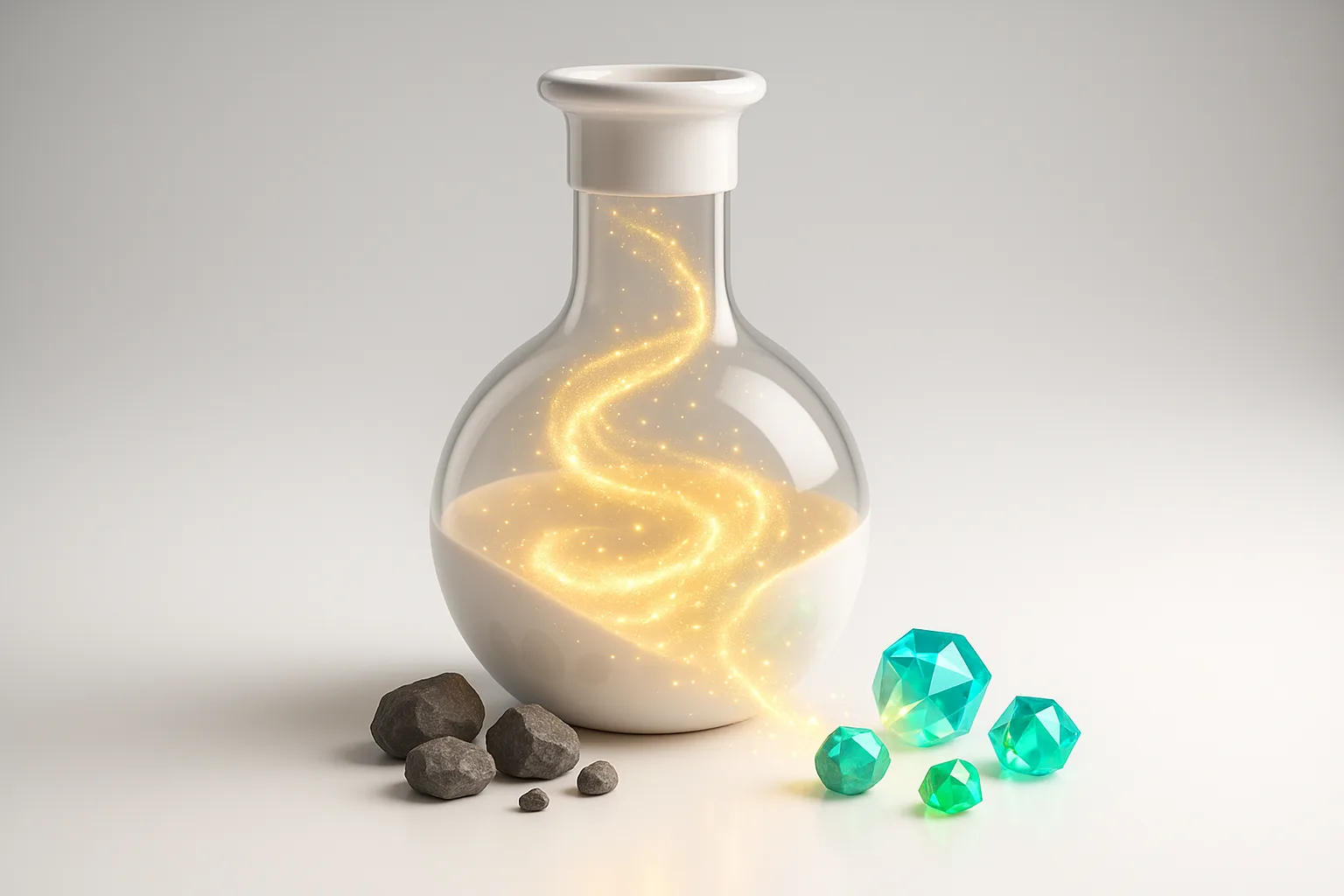 A swirling alchemist’s flask, golden sparks inside transforming raw, rough pebbles into shiny, multifaceted gemstones on exit.