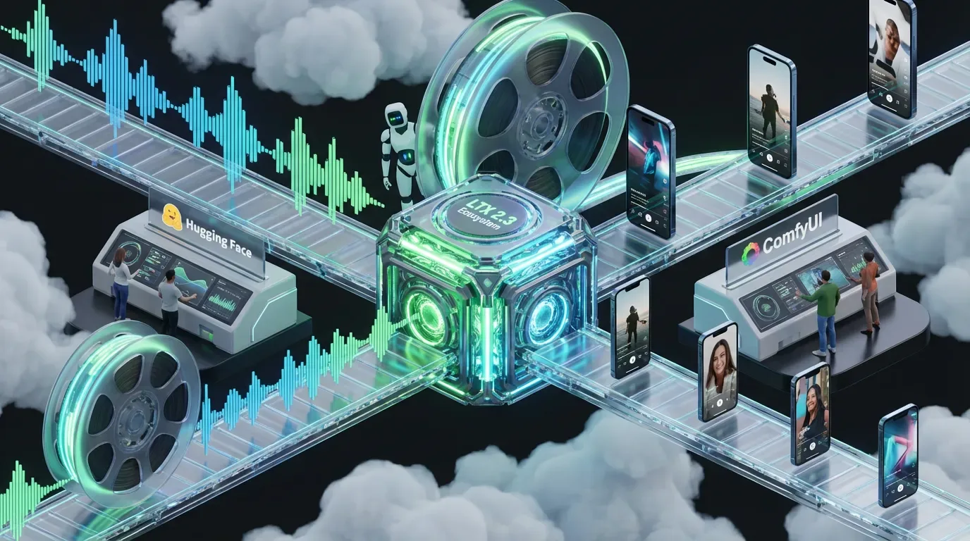 Surreal cloud factory transforms Lightricks LTX 2.3 into vibrant automated video pipeline with audio and vertical screens