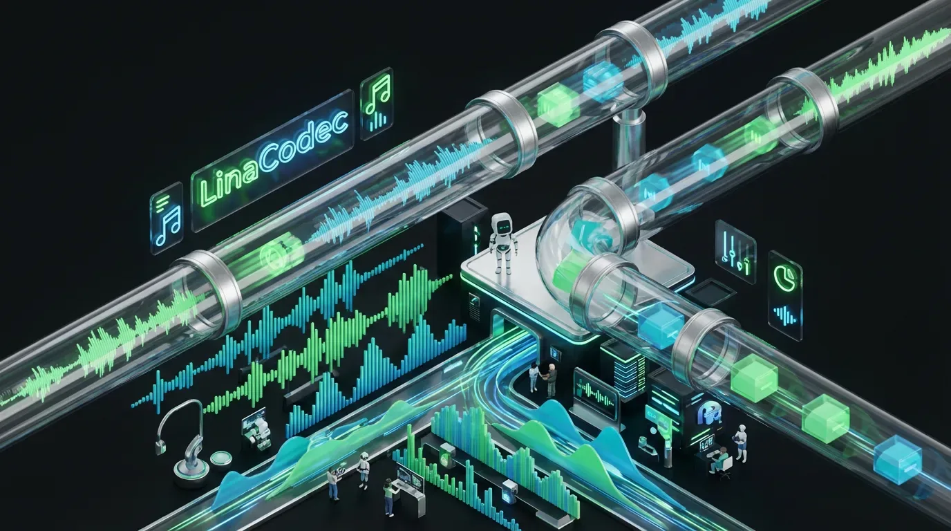 Futuristic LinaCodec pipeline transforms soundwaves into digital tokens above a busy, creative, neon-lit city
