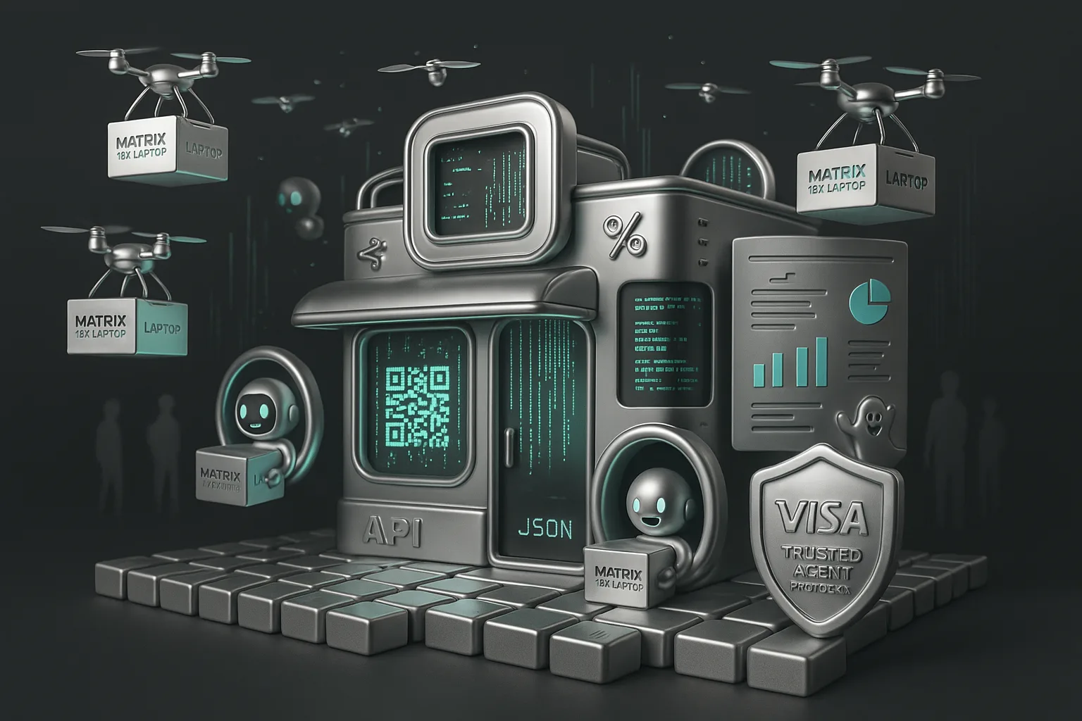 Cyber storefront with AI agents, Matrix laptops, Visa protocol badge, and data streams blending technology and retail