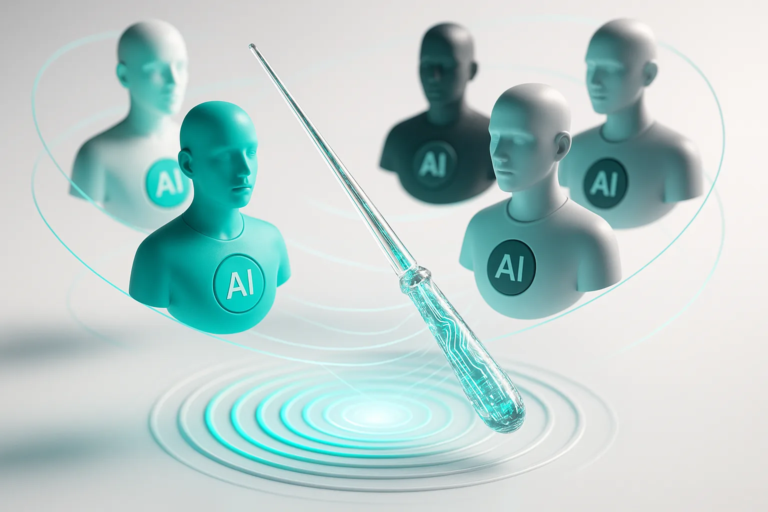 A majestic conductor’s baton, carved from crystal and circuitry, radiates energy waves that seamlessly harmonize swirling, colorful AI avatars orbiting in perfect synchrony.