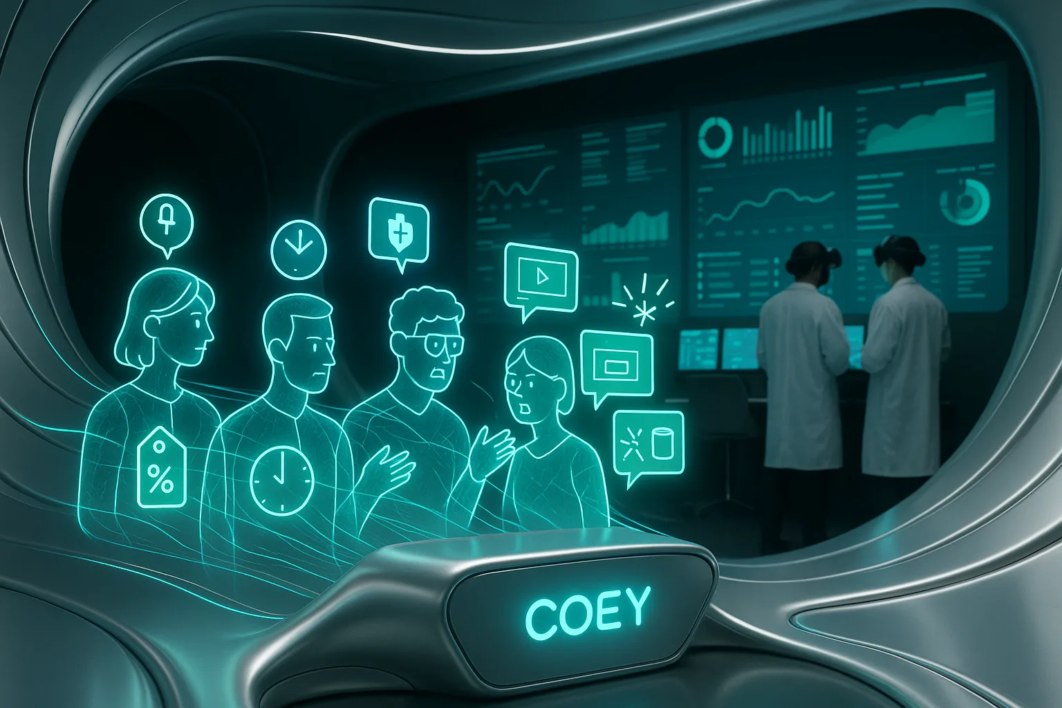 Futuristic wind tunnel with holographic synthetic customers, marketers in VR, and glowing COEY branding