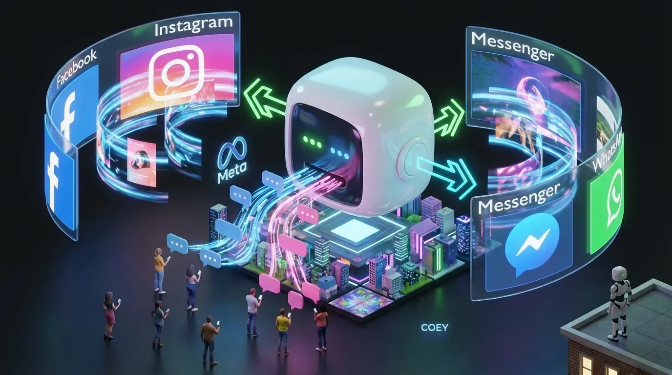 Vivid futuristic city with Meta AI chatbot turning user chats into swirling Facebook, Instagram, Messenger, WhatsApp ads