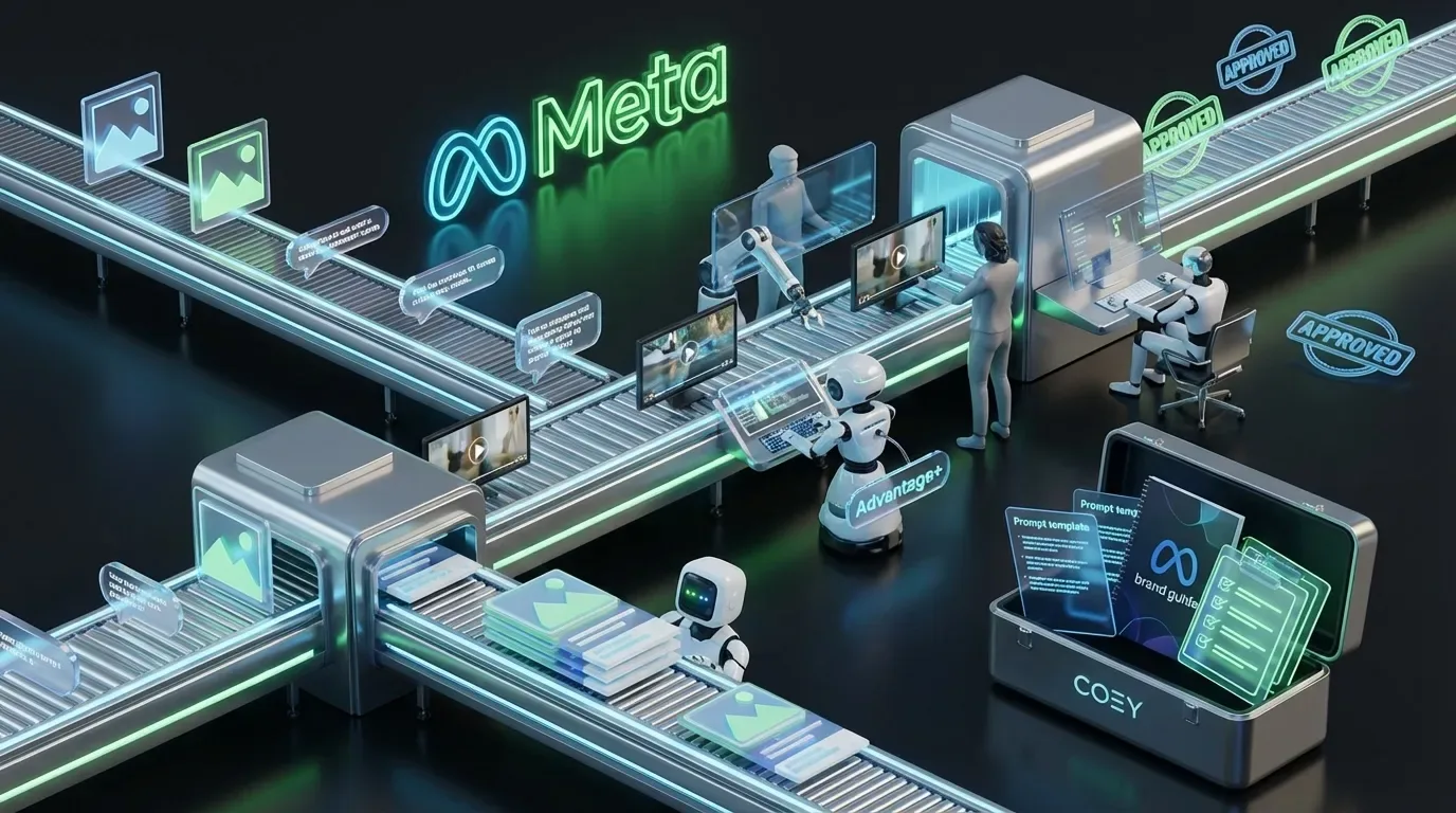 Futuristic Meta Ads Manager factory creating vibrant AI ad variants with robots, humans, and COEY toolbox
