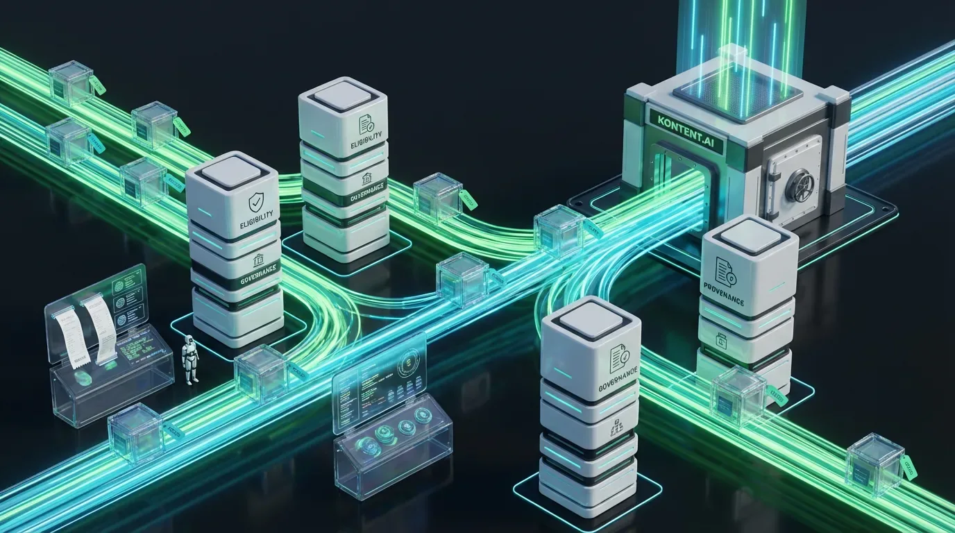 Futuristic control plane city with glowing metadata ribbons, robots sorting labeled boxes and holographic receipts