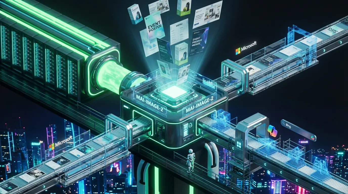 Futuristic Microsoft image engine creates polished marketing visuals while glowing API gateways symbolize automation rollout delays
