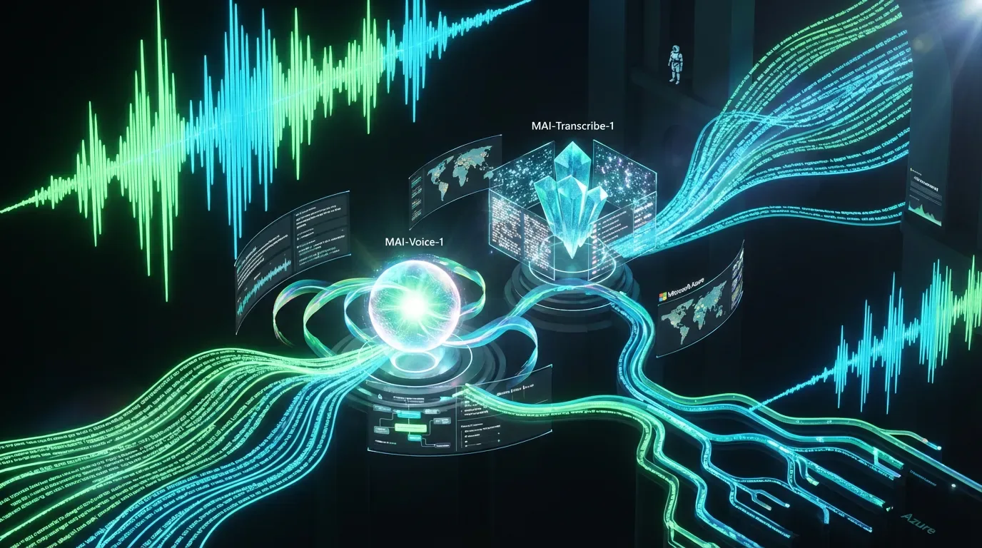 Futuristic Microsoft audio AI hub transforming speech into text, automation workflows, and glowing enterprise content systems
