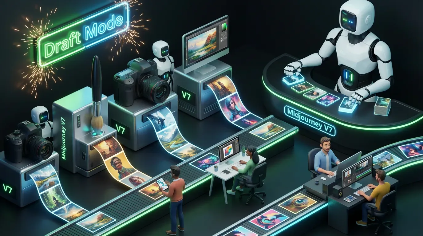 Midjourney V7 casino of creativity, slot machines outputting art for creators under neon Draft Mode sign