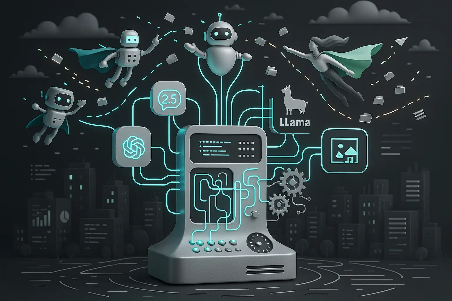 Futuristic neon switchboard tower routing creative assets between Gemini 2.5, Llama 4, OpenAI models