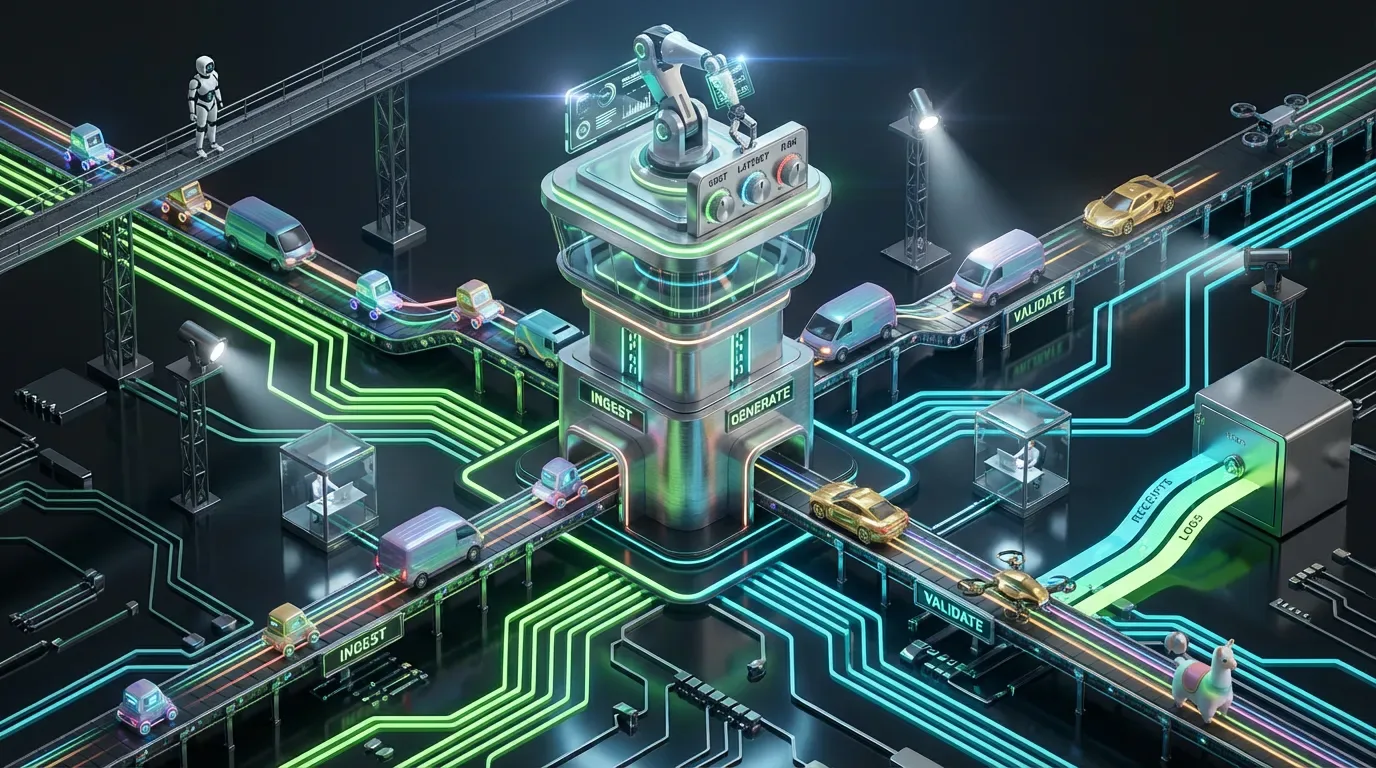 Neon control tower routing colorful model-vehicles across pipelines, human reviewers approving outputs, glowing log ribbons