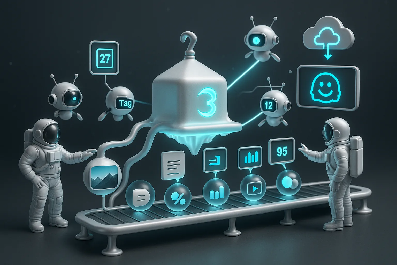 Astronauts guide a cosmic assembly line of assets, automated by visionary Moondream 3 AI robots
