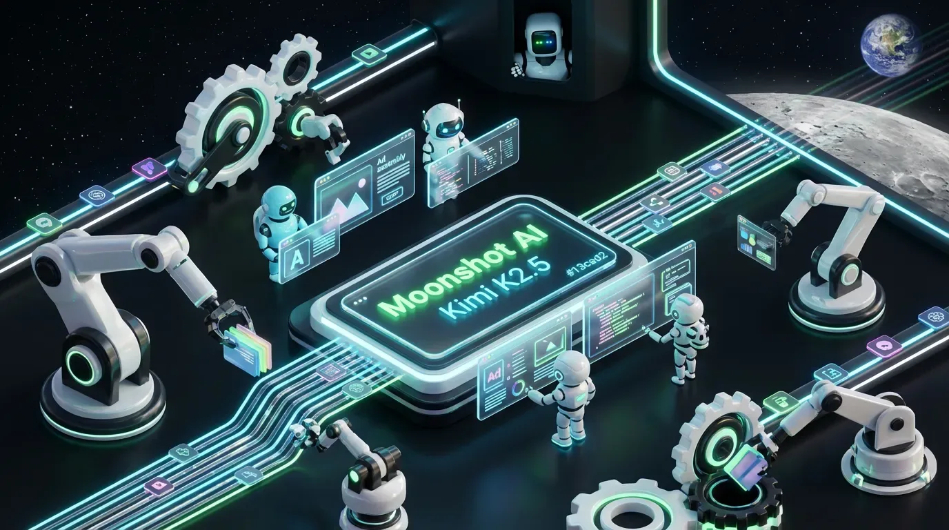 A moonbase filled with holographic robot agents collaborating on digital tasks under a Moonshot AI Kimi K2.5 interface
