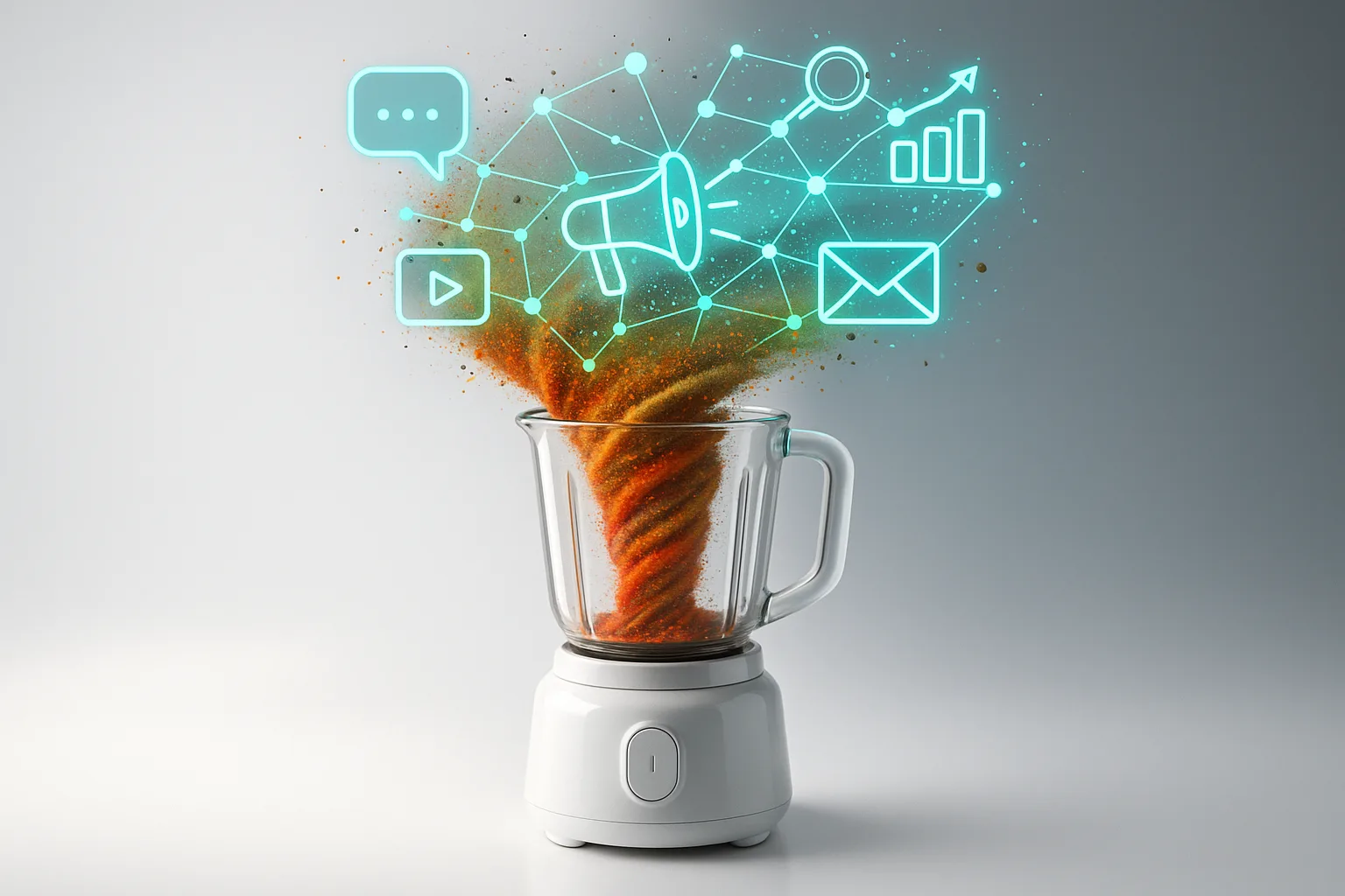 A vibrant whirlpool of colorful spices swirling into a sleek, futuristic blender, transforming into a glowing, interconnected web of digital marketing icons and signals.