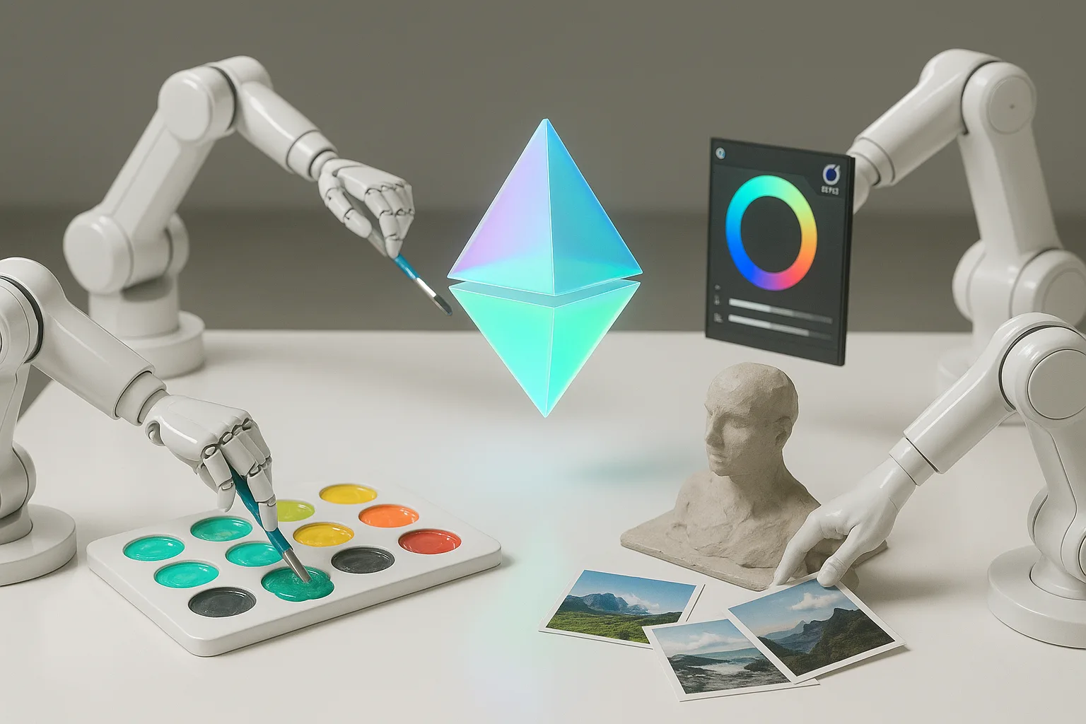 A surreal artist’s studio where robotic hands blend vibrant paints, sculpt clay, and arrange photos, all guided by a central shimmering prism connecting digital and physical art forms.