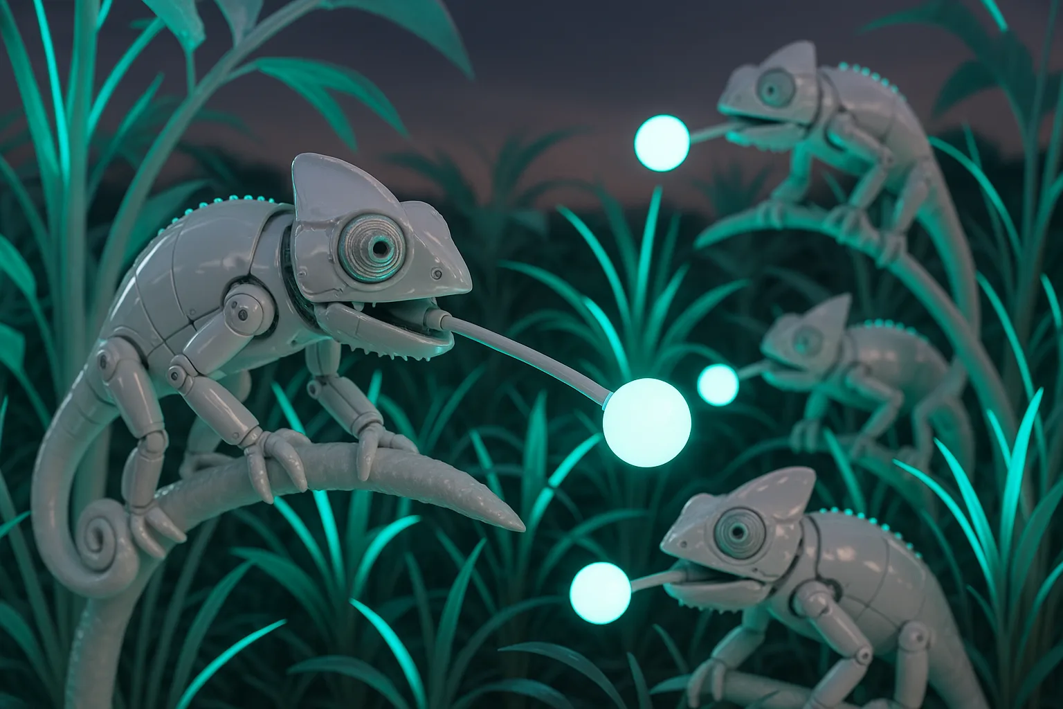A neon jungle filled with robotic chameleons swiftly snatching glowing orbs, under a twilight sky.