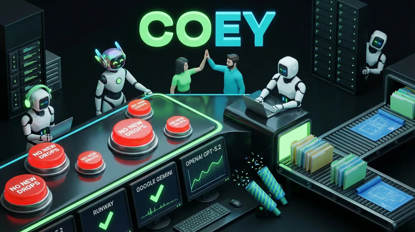Futuristic AI control room, bots, COEY branding, glowing graphs, unopened confetti, focus on workflow stability