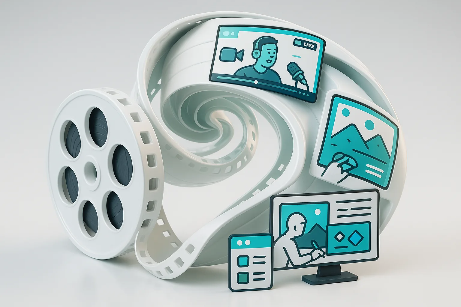 A film reel unraveling into a vibrant, swirling vortex, revealing dynamic scenes of AI-generated content creation.