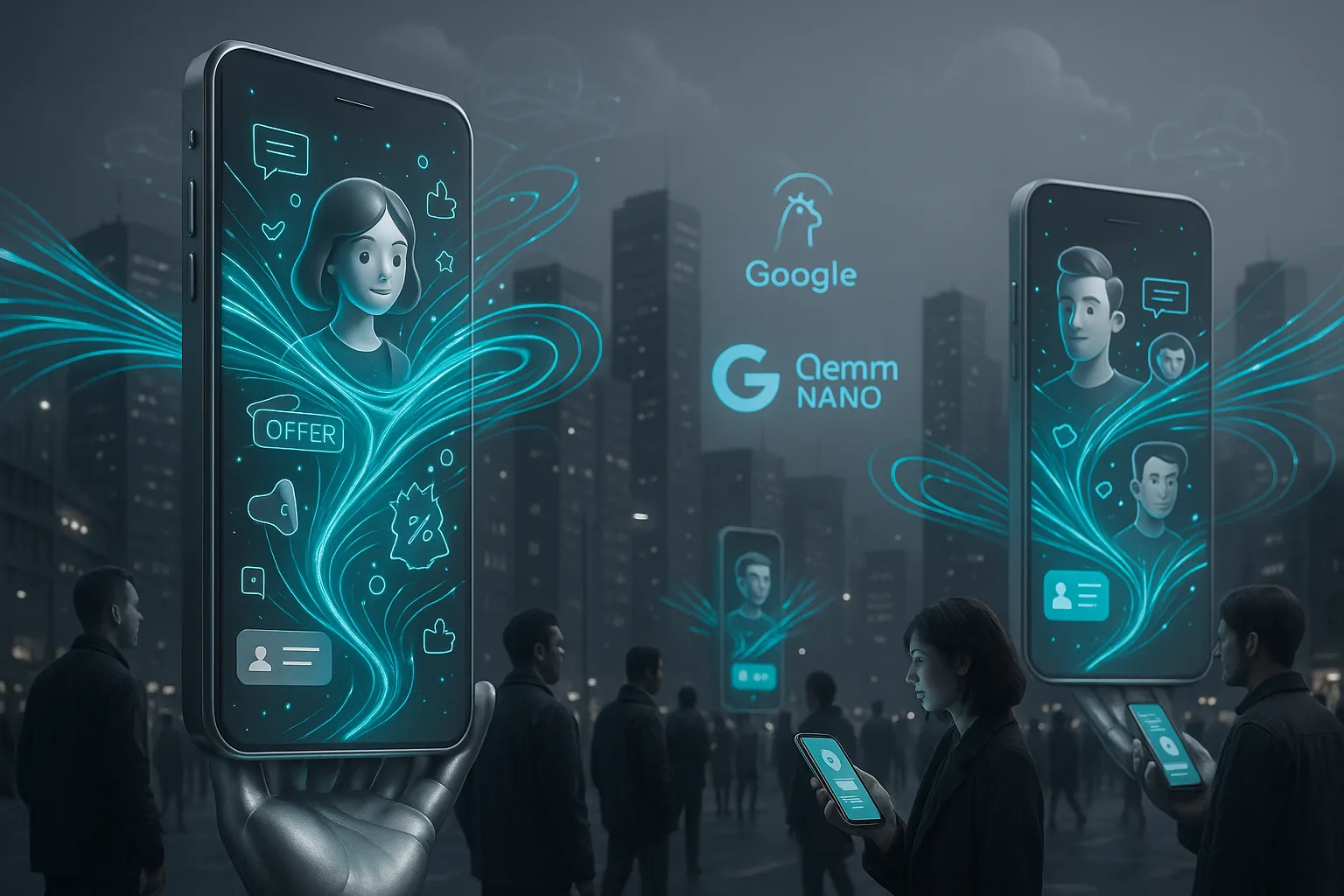 Futuristic city of floating devices, glowing local AI avatars, Meta Llama 4 and Gemini Nano holograms