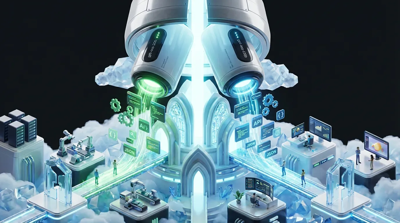 Twin OpenAI GPT-OSS model cores descend over a futuristic city powering private workflows and creative automation
