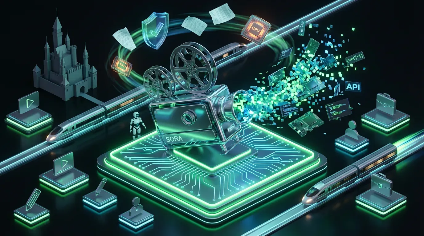 A futuristic projector labeled Sora collapses as creators watch rival AI video systems speed ahead