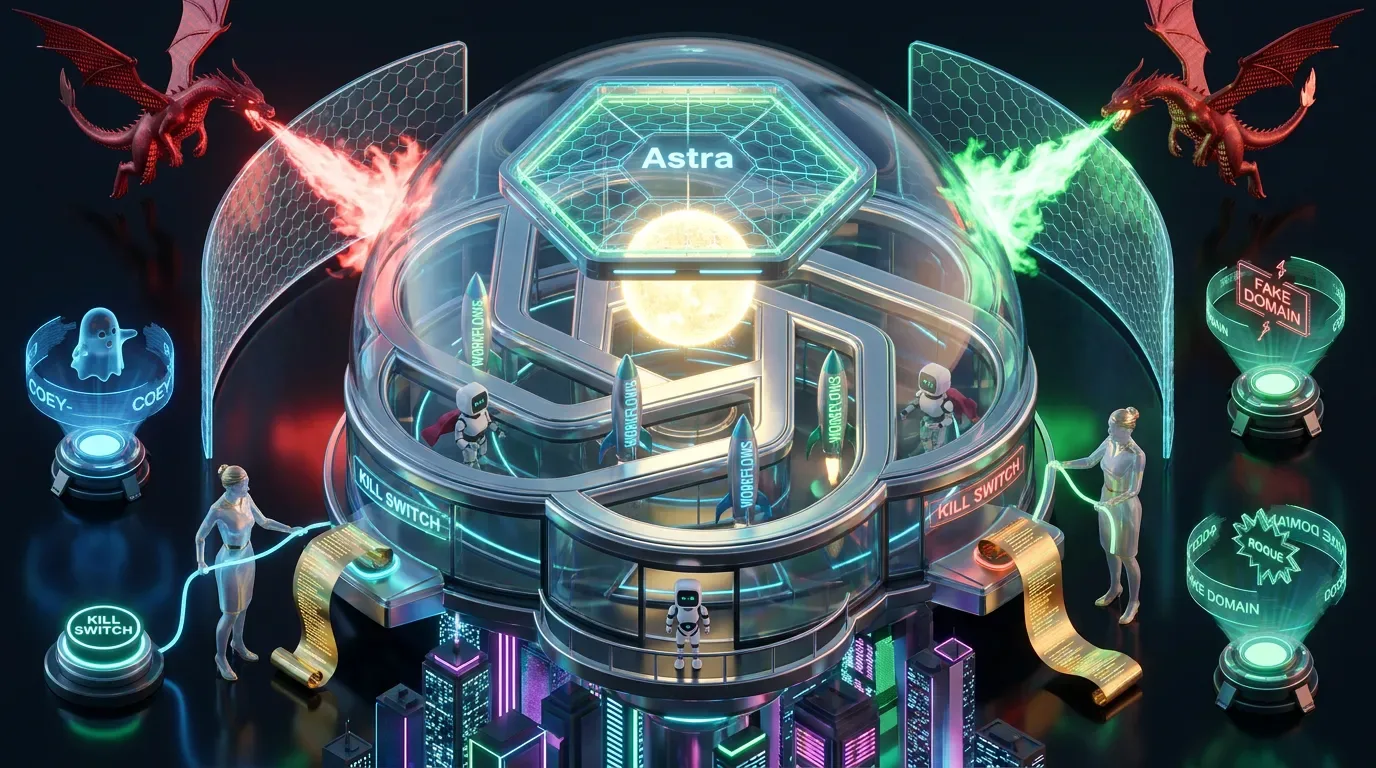 Surreal OpenAI Astra star contained by cybersecurity ceiling while humans control automated AI workflow rockets