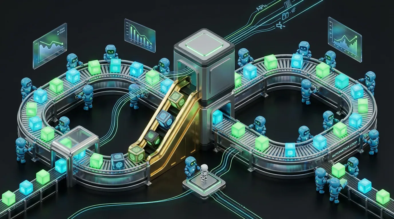 Robotic mini and nano workers automate creative assets on an infinite conveyor loop in an AI factory