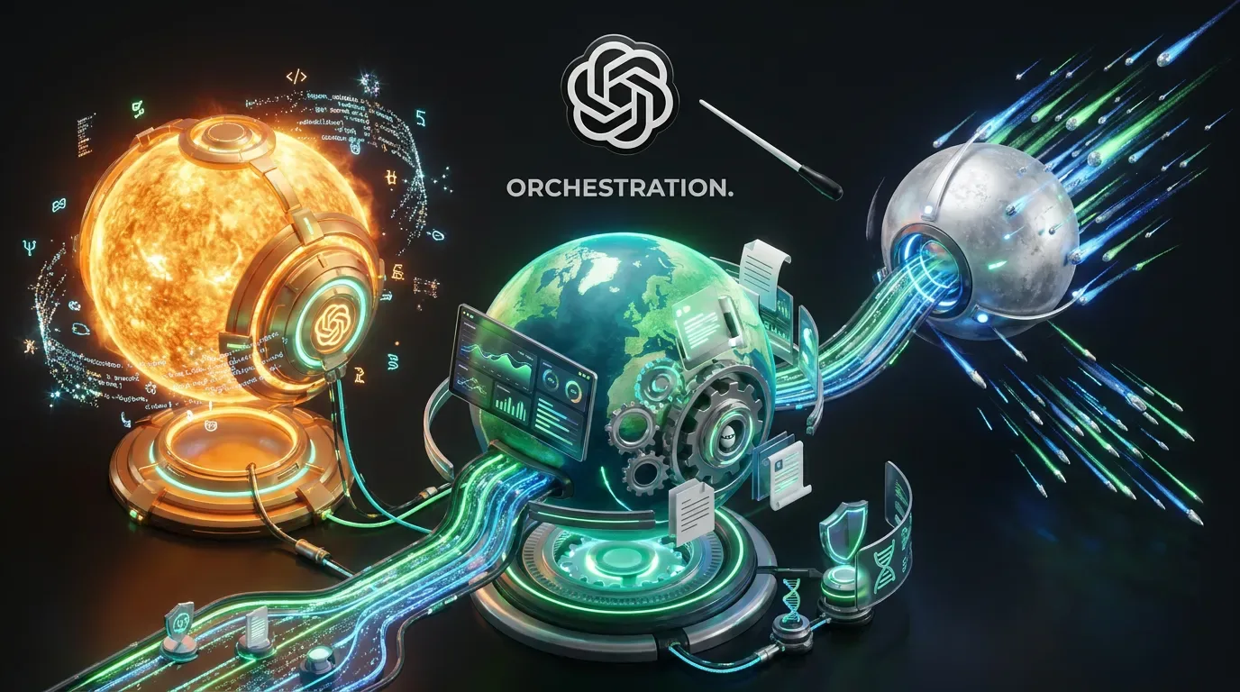 Three celestial GPT-5.6 models route enterprise workflows under OpenAI emblem with futuristic glowing data streams