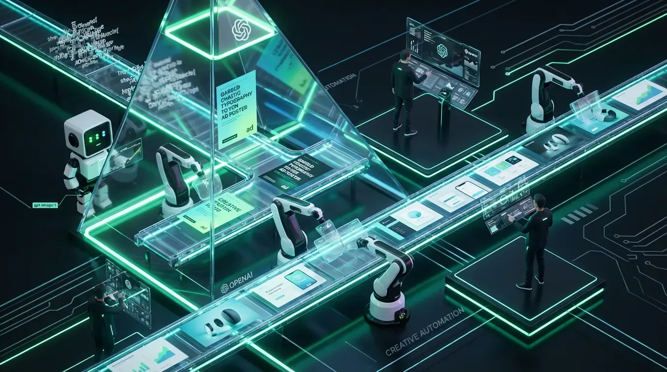 Futuristic OpenAI creative factory turning chaotic AI visuals into polished marketing assets with readable text and workflows