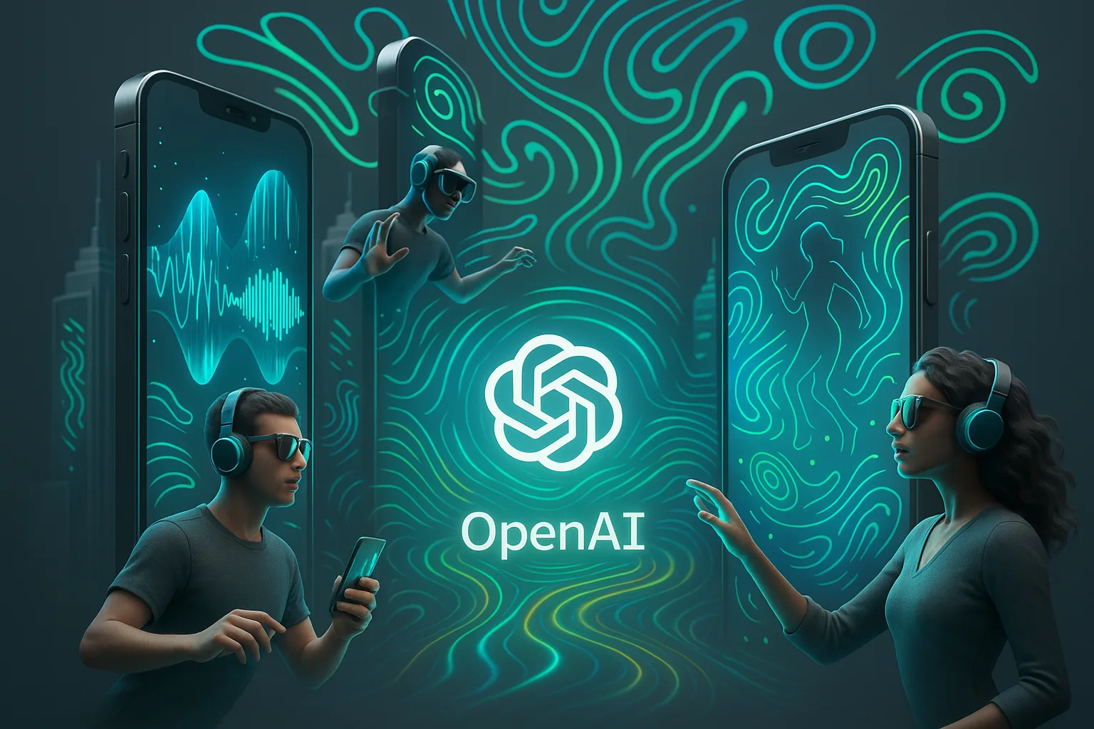 Surreal city of smartphones, holograms, OpenAI portal, creators floating through vivid, dynamic video streams